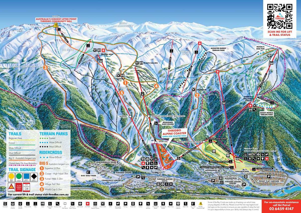 Карта трасс альпийской деревни Thredbo — самые длинные трассы Австралии и высшая точка подъёмников